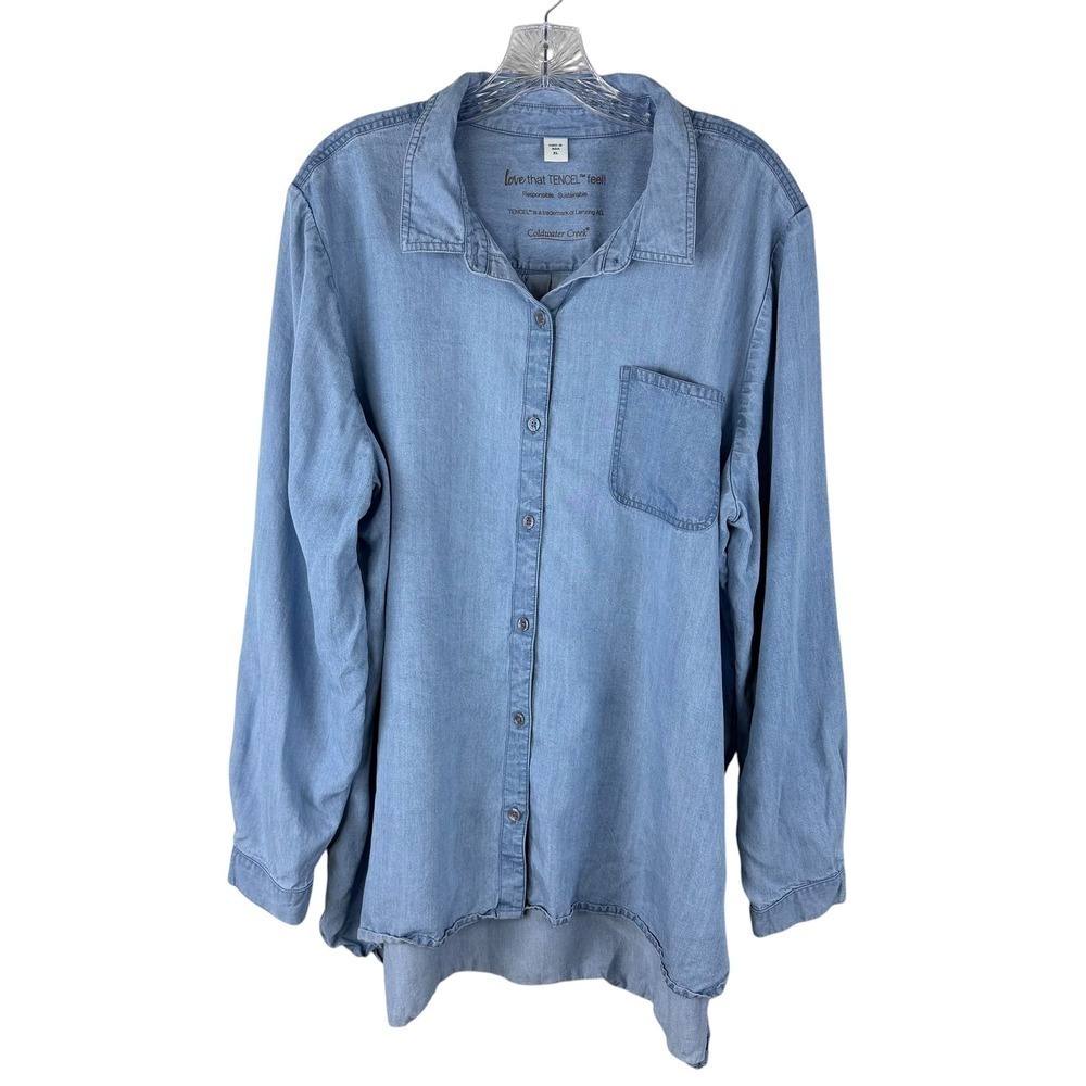 Coldwater Creek Tencel Lyocell Blue Button Down Shirt XL Light Wash Chambray Top